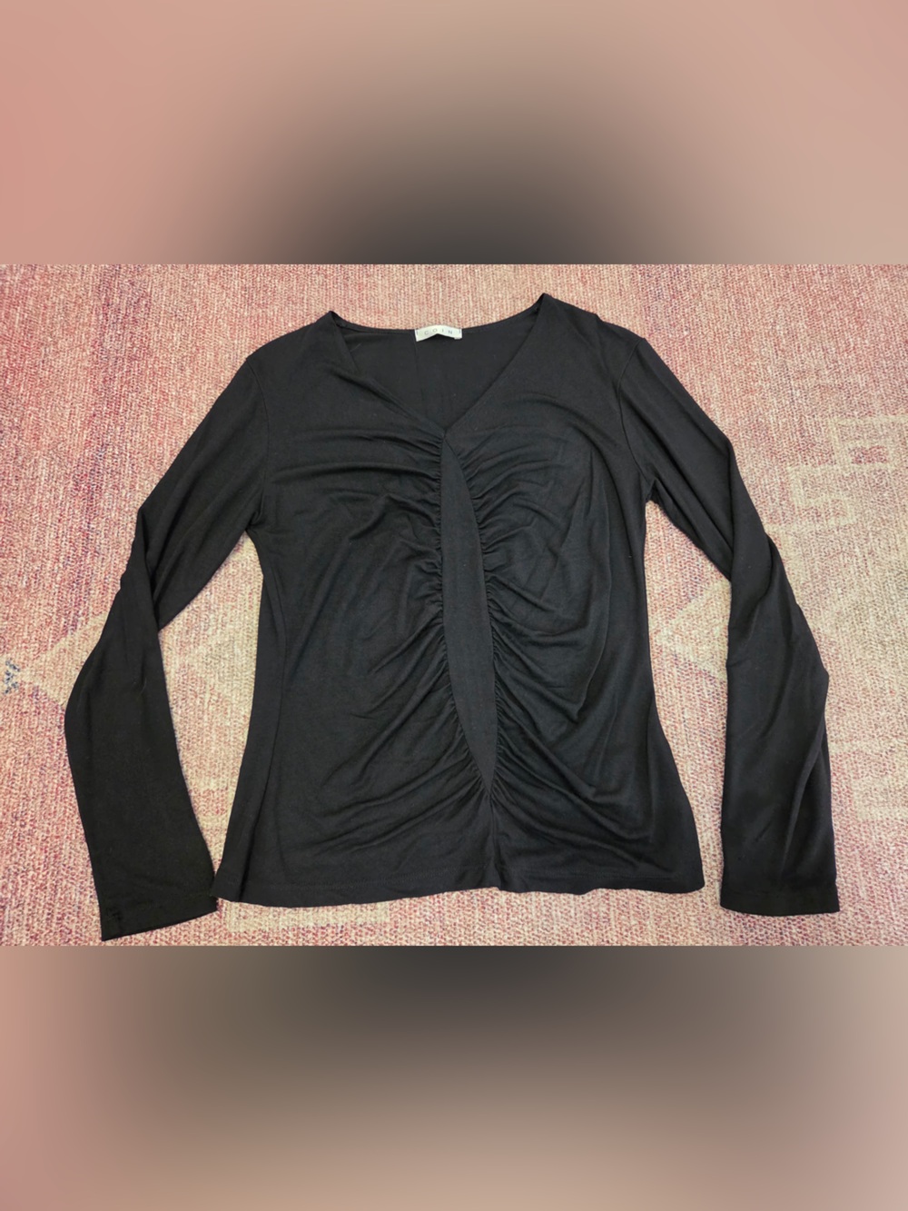 Coin brand black long sleeve v neck top with bunched detail size medium